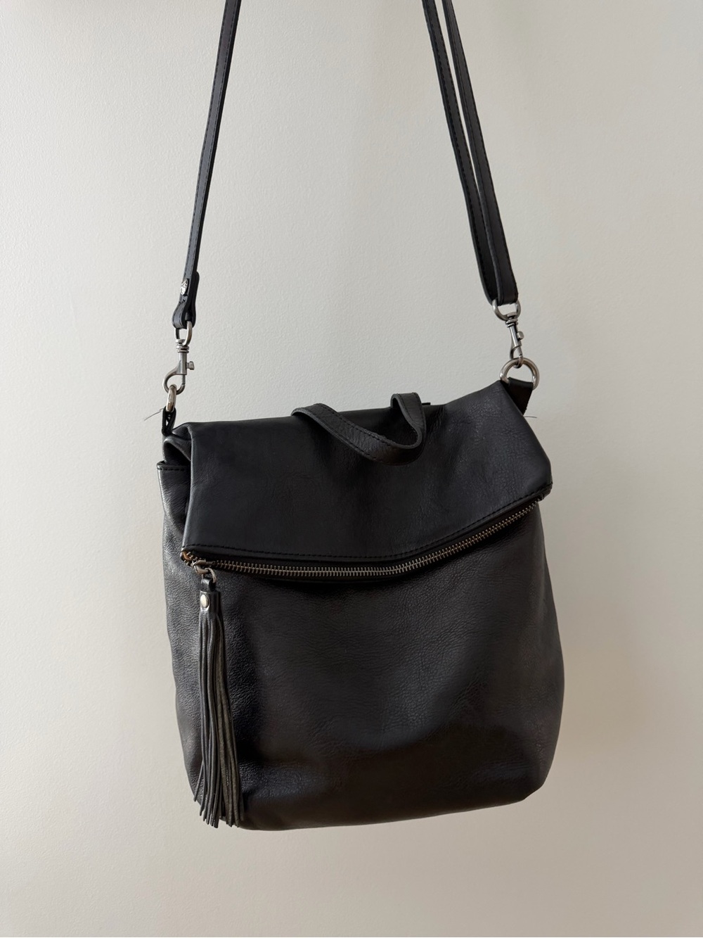 Patricia Nash Black Leather Fold-Over Crossbody with Tassel